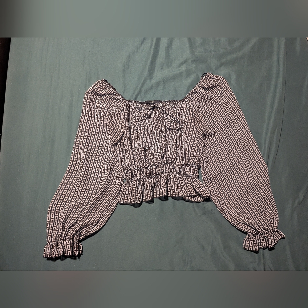 Black and White Smocked Crop Blouse with Tie Front